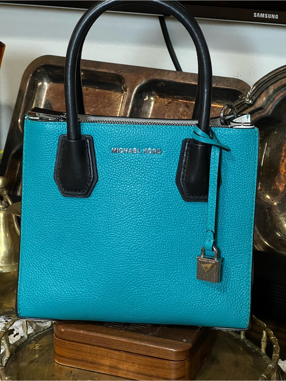 Michael Kors Teal Pebbled Leather Satchel with Black Trim